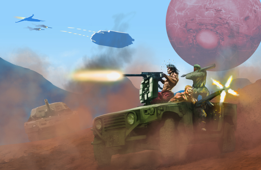 3boys artist_request assault_rifle bill_rizer black_hair blonde_hair bullet car caterpillar_tracks cigar cloud commentary_request contra creator_connection day dust dust_cloud gun hat highres hill lance_bean machine_gun military military_hat military_jeep military_vehicle motor_vehicle mountain multiple_boys planet rifle rocket_launcher rpg_(weapon) short_hair sky spacecraft tank vehicle_focus weapon