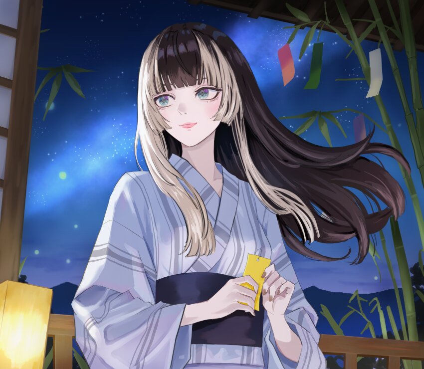 1girl absurdres bamboo black_hair black_sash blue_eyes blunt_bangs closed_mouth commentary_request dhbwinner floating_hair grey_hair highres hime_cut holding holding_tanzaku hololive hololive_dev_is indoors japanese_clothes juufuutei_raden kimono light_smile long_hair long_sleeves multicolored_hair night night_sky obi sash sky solo star_(sky) starry_sky straight_hair streaked_hair tanzaku two-tone_hair upper_body virtual_youtuber white_kimono wide_sleeves yukata