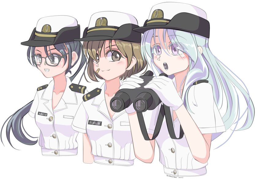 alternate_costume amagiri_(kancolle) asymmetrical_bangs bandaid bandaid_on_face brown_eyes burckhardt cropped_torso epaulettes female_service_cap glasses gloves grey_eyes grey_hair grin hair_between_eyes highres japan_maritime_self-defense_force japan_self-defense_force kantai_collection light_brown_hair long_hair military military_uniform naval_uniform naval_working_uniform oboro_(kancolle) ponytail purple_eyes sagiri_(kancolle) shirt simple_background smile swept_bangs very_long_hair white_background white_gloves white_shirt