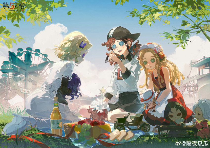 3girls absurdres apple apron bandaid bandaid_on_face bandaid_on_forehead bare_arms bare_shoulders baseball_cap black_hat black_skirt black_sleeve_cuffs black_sleeves blonde_hair blue_ribbon blue_sky bread bread_slice brown_hair button_eyes buttons candy character_doll character_request chinese_commentary chocolate chocolate_bar closed_mouth cloud collared_shirt commentary_request day doll dress expressionless eyelashes ferris_wheel flower food food-themed_hair_ornament frilled_apron frilled_skirt frills fruit full_body glass_bottle grapes green_eyes hair_flower hair_ornament hair_ribbon hair_through_headwear happy hat high-waist_skirt high_heels highres holding holding_doll holding_pom_poms identity_v juice kaekaeki kneehighs kneeling lace lace-trimmed_dress lace-trimmed_sleeves lace_trim layered_sleeves light_particles lipstick long_sleeves low_twintails makeup medium_skirt miniskirt multiple_girls open_box open_mouth orange_juice outdoors pansy picnic picnic_blanket pink_lips pom_pom_(cheerleading) pom_poms pumps purple_eyes purple_flower red_dress red_hat ribbon ribbon-trimmed_shirt ribbon-trimmed_skirt ribbon-trimmed_sleeves ribbon_trim shirt short_hair short_over_long_sleeves short_sleeves short_twintails sideways_hat skirt sky sleeveless sleeveless_dress slide smile socks star_(symbol) teeth torn_clothes torn_socks toy_car tree twintails upper_teeth_only waist_apron watermark wavy_hair weibo_watermark white_apron white_flower white_footwear white_shirt white_skirt white_socks