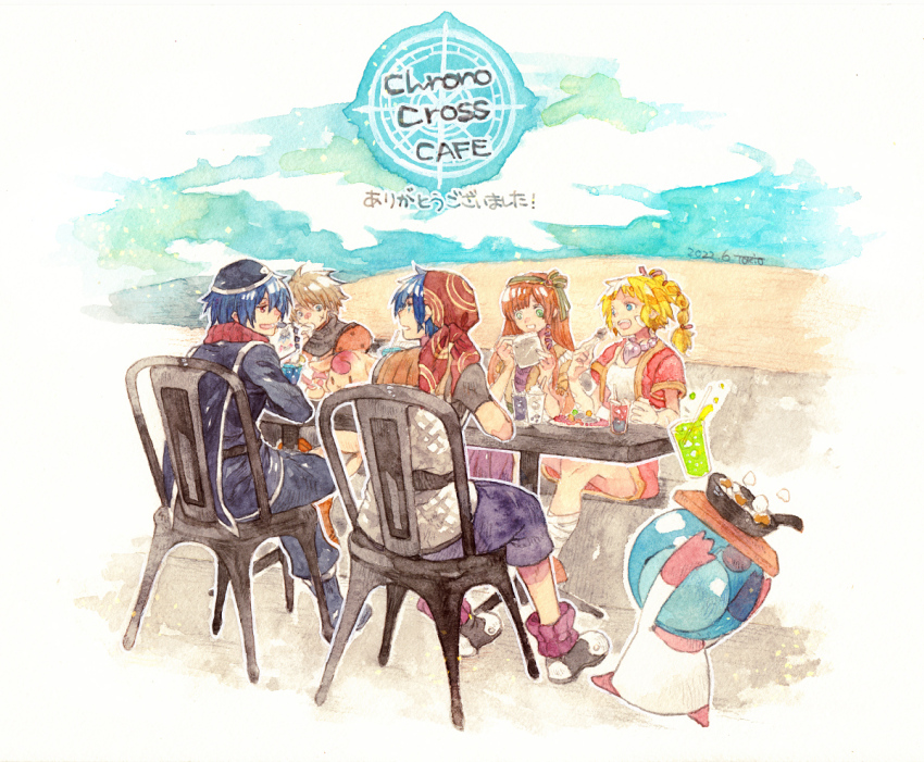 2girls 3boys x_mouth bandana black_coat black_pants black_shirt blonde_hair blue_eyes blue_hair braid braided_ponytail brown_hair brown_shirt chair chrono_cross closed_mouth coat cocktail commentary_request cup dark_serge_(chrono_cross) dress drink drinking_straw eating food full_body glenn_(chrono_cross) green_eyes green_hairband hairband jewelry kid_(chrono_cross) leena_(chrono_cross) long_hair looking_at_another looking_to_the_side magatama magatama_necklace multiple_boys multiple_girls necklace open_clothes open_mouth open_shirt orange_hair painting_(medium) pants pip_(chrono_cross) purple_dress purple_shorts red_bandana red_eyes red_shirt red_shorts serge_(chrono_cross) shirt short_hair shorts sitting smile starky_(chrono_cross) tokio_(okt0w0) traditional_media translation_request watercolor_(medium) white_shirt