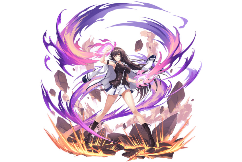 1girl bare_arms bare_legs breasts brown_footwear clenched_hand full_body game_cg kamihime_project kawakami_momoyo large_breasts long_hair looking_at_viewer maji_de_watashi_ni_koi_shinasai! official_art open_clothes open_shirt shirt skirt smile thighs white_shirt white_skirt