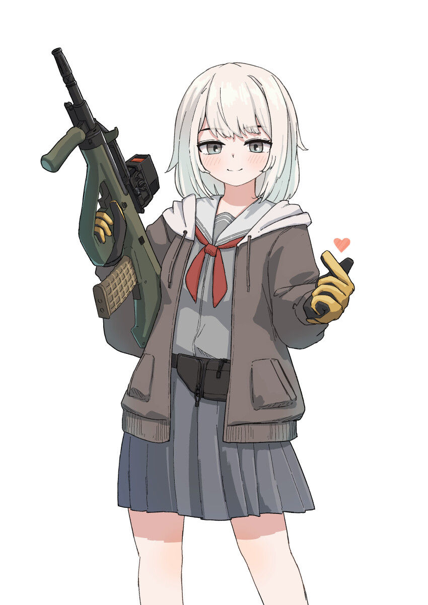 1girl absurdres assault_rifle bag black_gloves blush bullpup cowboy_shot finger_heart gloves grey_eyes grey_jacket grey_shirt gun heart highres holding holding_gun holding_weapon hood hooded_jacket jacket looking_at_viewer medium_hair neckerchief okapi_(yomaigoto) original pleated_skirt red_neckerchief rifle school_uniform scope serafuku shirt simple_background skirt smile solo steyr_aug straight-on trigger_discipline two-tone_gloves weapon white_background white_hair yellow_gloves