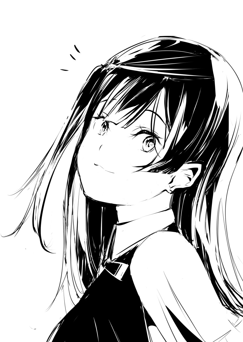 1girl absurdres closed_mouth collared_shirt commentary_request greyscale highres long_hair looking_at_viewer love_live! love_live!_nijigasaki_high_school_idol_club monochrome neck_ribbon nijigasaki_school_uniform notice_lines one_side_up ribbon school_uniform shirt short_sleeves sidelocks solo summer_uniform tommer upper_body vest white_background yuki_setsuna