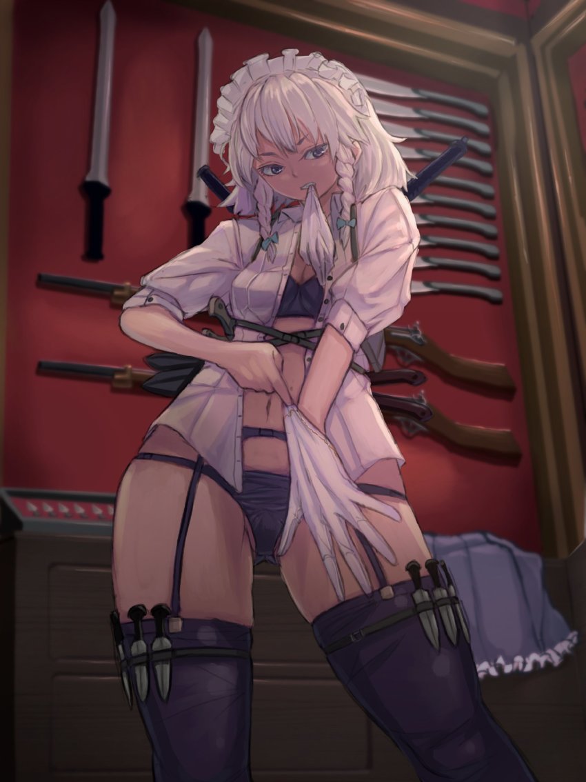 1girl armory belt black_bra black_panties blue_eyes bow bra braid breasts clenched_teeth dressing garter_belt garter_straps glove_in_mouth gloves green_bow gun hair_bow highres indoors izayoi_sakuya kaden_(muxt8423) knife lingerie looking_at_viewer looking_down maid_headdress mouth_hold navel open_clothes open_shirt panties putting_on_gloves rifle shirt short_hair silver_hair small_breasts solo sword teeth thigh_strap thighhighs thighs touhou twin_braids underwear v-shaped_eyebrows weapon white_shirt