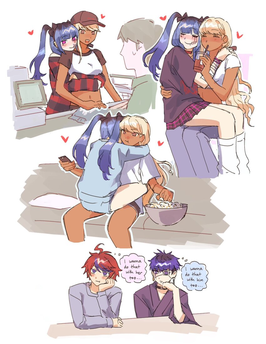 2girls 3boys ahoge amemiya_darumi babykatafan bag bandaged_arm bandages bisexual_female bisexual_male black_hair black_skirt black_stripes blonde_hair blue_hair bowl closed_mouth collar couch crop_top cuddling dark-skinned_female dark_skin drinking drinking_straw face_piercing food heart highres hug japanese_clothes kawana_tsubasa lip_piercing long_hair long_sleeves makeup multicolored_hair multicolored_skirt multiple_boys multiple_girls navel omokage_yugamu open_mouth piercing pillow pleated_skirt popcorn red_hair red_skirt red_stripes shirt shopping_bag short_hair simple_background sitting sitting_on_lap sitting_on_person skirt smile striped_clothes striped_shirt sumino_takumi the_hundred_line_-last_defense_academy- twintails white_background yaoi yuri
