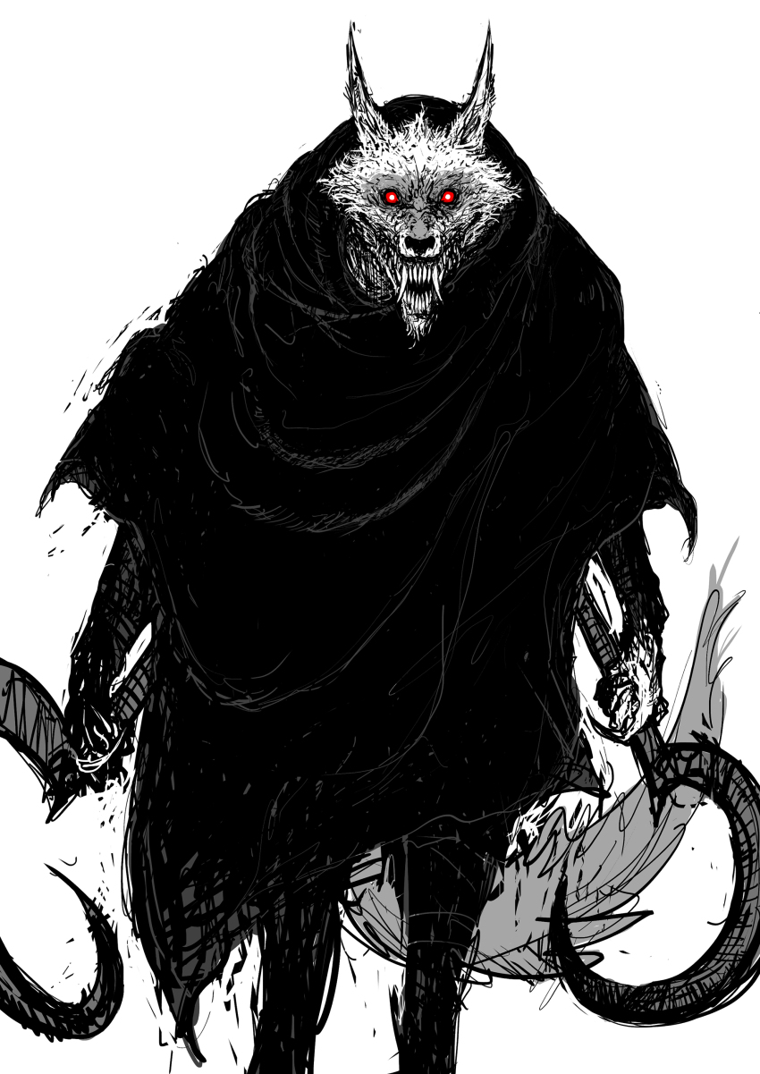 1boy absurdres animal_ears black_cloak cloak death_(puss_in_boots) dual_wielding glowing glowing_eyes greyscale highres holding holding_weapon hood hooded_cloak monochrome puss_in_boots:_the_last_wish red_eyes sharp_teeth shrek_(series) sickle solo spaghetti-bastard tail teeth weapon wolf_ears wolf_tail