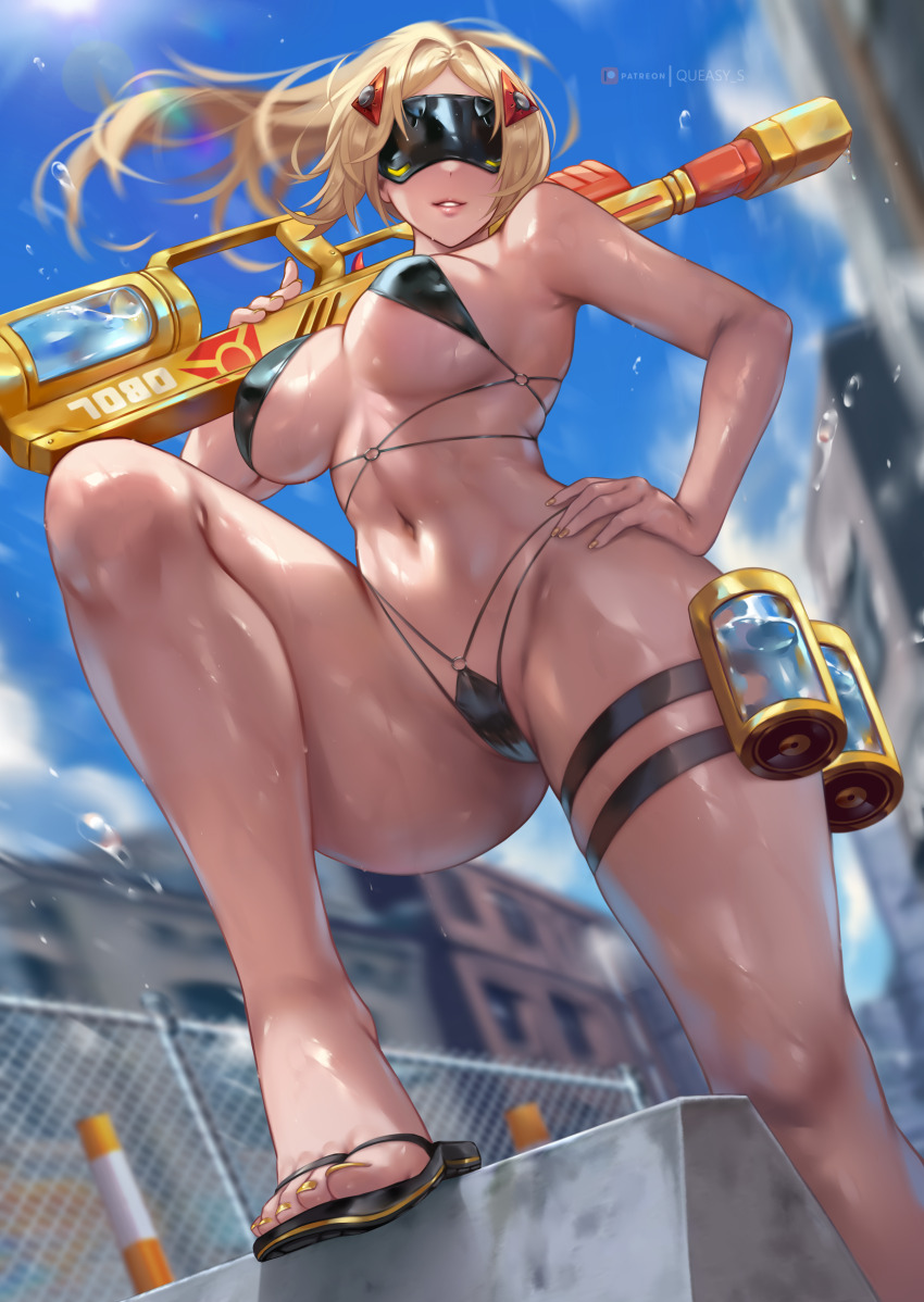 1girl absurdres bikini black_bikini black_mask blonde_hair blue_sky blurry blurry_background breasts cameltoe depth_of_field floating_hair hand_on_own_hip high_ponytail highres holding holding_water_gun medium_breasts nail_polish navel parted_lips ponytail queasy_s sky solo stomach sunlight swimsuit thigh_strap toenail_polish toenails trigger_(zenless_zone_zero) water_gun wet yellow_nails zenless_zone_zero