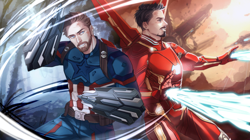 2boys absurdres arc_reactor arethusa_smile armor avengers:_infinity_war avengers_(series) beard belt black_hair blue_bodysuit blue_eyes blue_sky bodysuit brown_belt brown_eyes brown_hair captain_america facial_hair full_armor hands_up highres iron_man male_focus marvel marvel_cinematic_universe mechanical_wings multicolored_armor multiple_boys power_armor red_armor short_hair sky standing star_(symbol) steve_rogers striped superhero_costume teeth tony_stark v-shaped_eyebrows wings yellow_armor yellow_sky