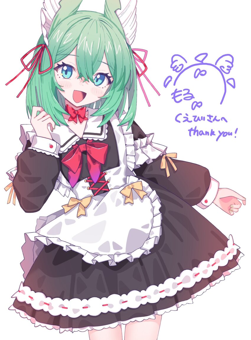 1girl animal_ears apron black_dress blue_eyes blush bow commentary commission commissioner_name cowboy_shot dress green_hair hair_ornament hair_ribbon hand_up highres long_hair long_sleeves looking_at_viewer medium_hair morumoru_x open_mouth original red_bow red_ribbon ribbon signature simple_background skeb_commission smile solo thank_you white_apron white_background