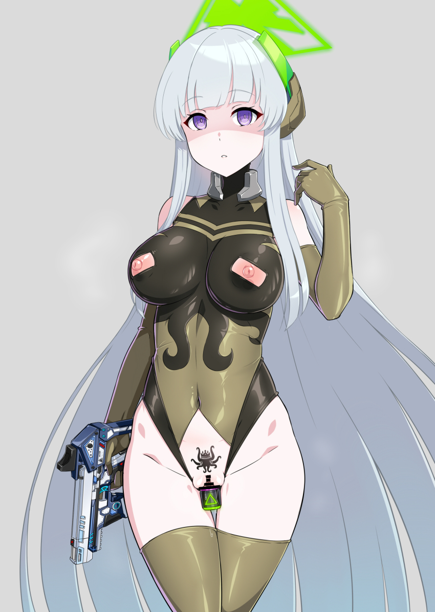 1girl absurdres alternate_costume bar_censor bare_shoulders blue_archive breasts brown_gloves brown_thighhighs censored corruption crotch_cutout dark_persona dildo disdain elbow_gloves gloves gozaru green_halo gun halo headgear highres holding holding_gun holding_weapon large_breasts leotard long_hair looking_at_viewer mind_control nipple_cutout nipples noa_(blue_archive) object_insertion parted_lips pubic_tattoo purple_eyes revealing_clothes sex_toy shaded_face skin_tight staccato_2011 tattoo thighhighs vaginal vaginal_object_insertion very_long_hair vibrator weapon white_hair