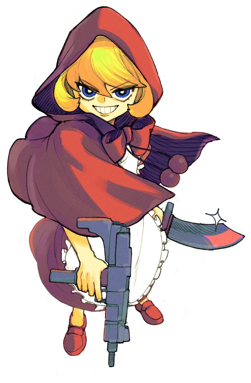 1girl apron b.b._hood blonde_hair blue_eyes bright_pupils capelet darkstalkers dress eyelashes franzkafkaffee frilled_apron frills from_above glint grin gun half-closed_eyes highres holding holding_gun holding_knife holding_weapon hood hood_up knife looking_at_viewer penny_loafers red_capelet red_dress red_footwear red_hood short_hair smile solo submachine_gun uzi v-shaped_eyebrows weapon white_apron white_pupils