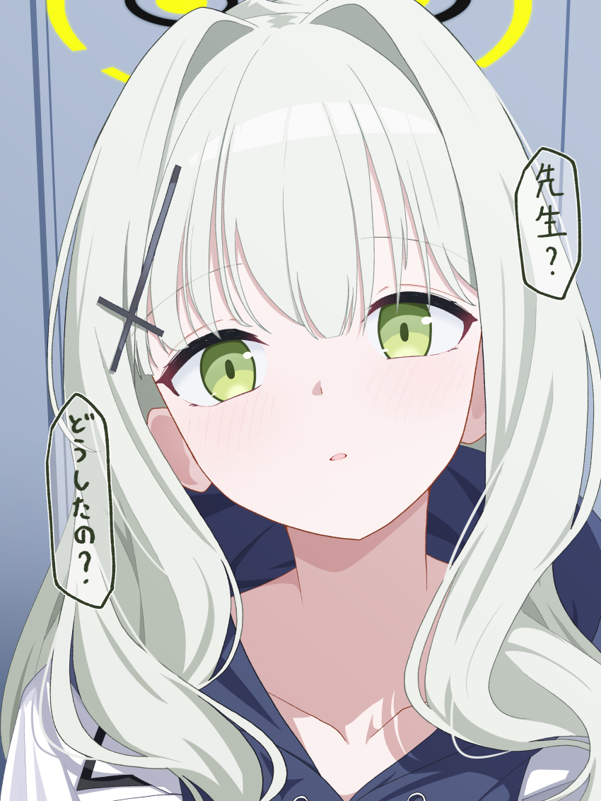 1girl absurdres aikawa_yuduki blue_archive blunt_bangs blush collarbone commentary cross cross_hair_ornament green_eyes grey_hair hair_between_eyes hair_intakes hair_ornament hair_over_shoulder halo hare_(blue_archive) highres hood hood_down hooded_jacket inverted_cross jacket long_hair looking_at_viewer open_mouth portrait solo speech_bubble translated white_jacket yellow_halo