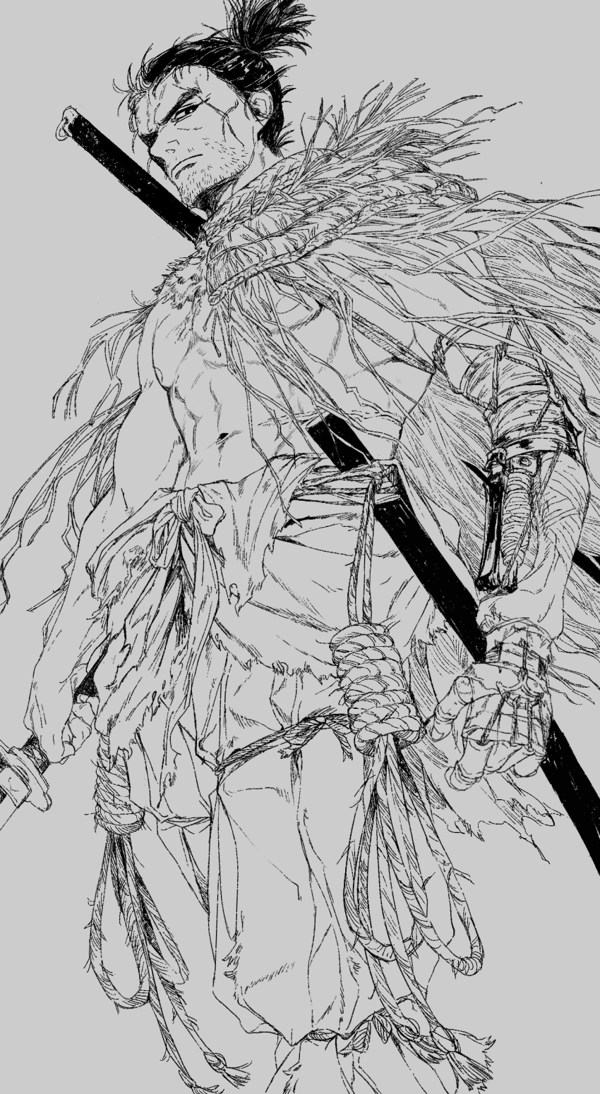 1boy absurdres cowboy_shot grey_background greyscale highres japanese_clothes katana male_focus monochrome muscular muscular_male ninja nipples piyomotsu ponytail prosthesis prosthetic_arm scarf sekiro sekiro:_shadows_die_twice short_hair simple_background sketch solo straw_cape sword sword_on_back topknot weapon weapon_on_back