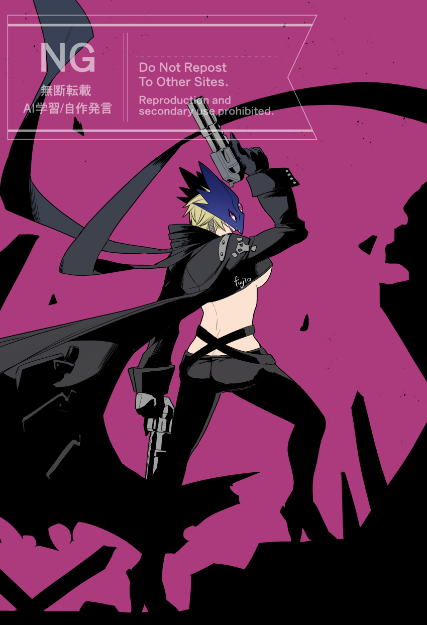 1girl absurdres alternate_hairstyle beelstarmon black_coat black_pants blonde_hair breasts coat digimon digimon_(creature) dual_wielding eye_mask from_behind fuji_o_(fujio9111) full_body gun highres holding holding_gun holding_weapon midriff pants purple_background purple_eyes short_hair simple_background solo standing third_eye trigger_discipline underboob watermark weapon