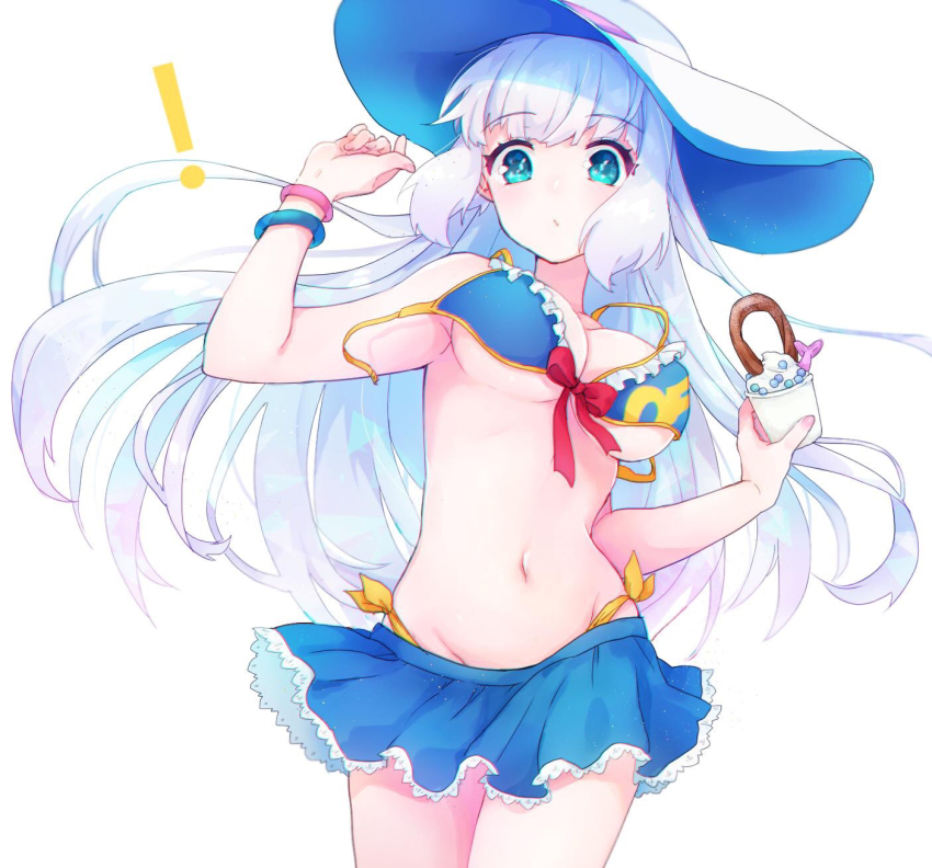 ! 1girl bare_arms bare_shoulders bikini bikini_skirt blue_bikini blue_eyes blush breasts cleavage closed_eyes commentary_request cup female_focus groin gundam gundam_exa hands_up hat highres holding holding_cup large_breasts long_hair navel shichijou_natori sidelocks silver_hair simple_background solo sthesia_awar sun_hat swimsuit untied_bikini very_long_hair wardrobe_malfunction white_background white_hat