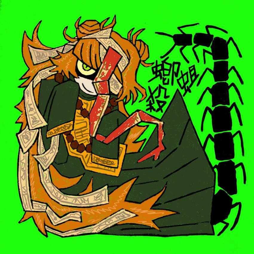 1girl beads bug centipede chunj04799093 colored_sclera double_bun dress full_body green_background green_dress green_eyes hair_bun highres hundred-footed_death_maggot_(e.g.o) ishmael_(project_moon) limbus_company long_hair long_sleeves looking_at_viewer one_eye_covered orange_hair prayer_beads project_moon simple_background sleeves_past_fingers sleeves_past_wrists solo talisman yellow_sclera