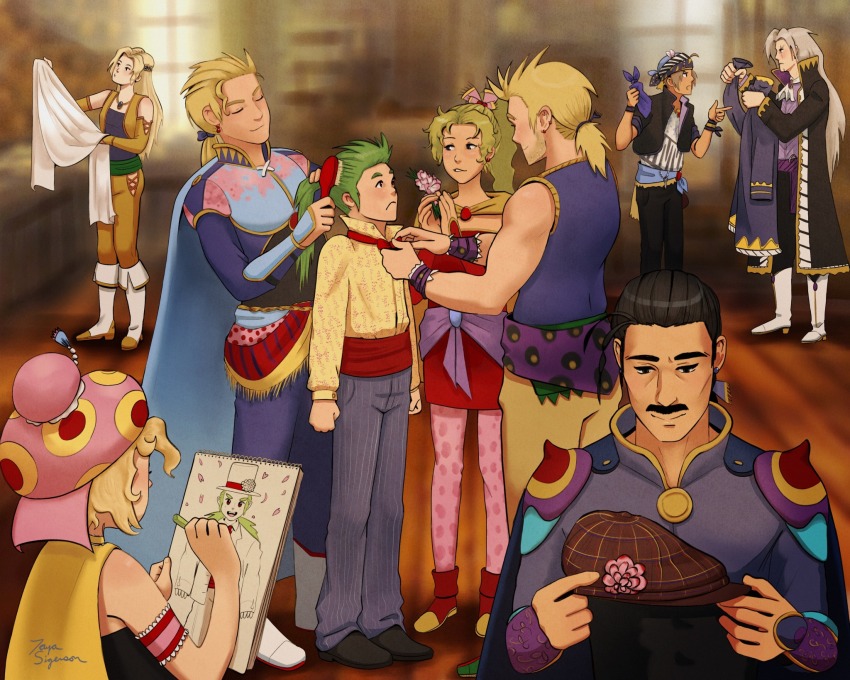 3girls 6+boys arguing armband armor bandana black_eyes black_hair blonde_hair bow bowtie brushing_hair cape capelet celes_chere chalk clothes cyan_garamonde drawing_(object) edgar_roni_figaro facial_hair final_fantasy final_fantasy_vi flower gau green_hair hat highres holding_cloth jewelry locke_cole multiple_boys multiple_girls mustache newsboy_cap pendant petals relm_arrowny sakura_petals sash setzer_gabbiani shopping shoulder_armor sketchbook sketching tayasigerson tina_branford