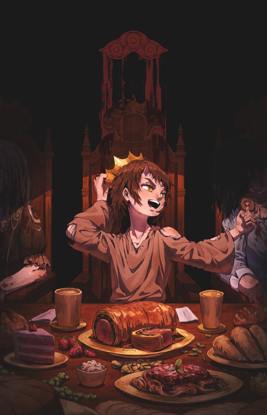 3girls absurdres aged_down androssi_zahard black_hair blonde_hair blood blood_on_clothes blood_on_face blood_on_hands blue_dress bread brown_hair brown_shirt cake cake_slice chair colored_eyelashes crown cup death dress eye_symbol food fork fruit grapes highres holding holding_crown holding_fork horns kapxapius long_hair looking_at_another multiple_girls open_mouth pasta plate pointed_crown shadow shirt single_horn sitting smile spaghetti steak strawberry table teeth torn torn_clothes torn_shirt tower_of_god underlighting yellow_eyes
