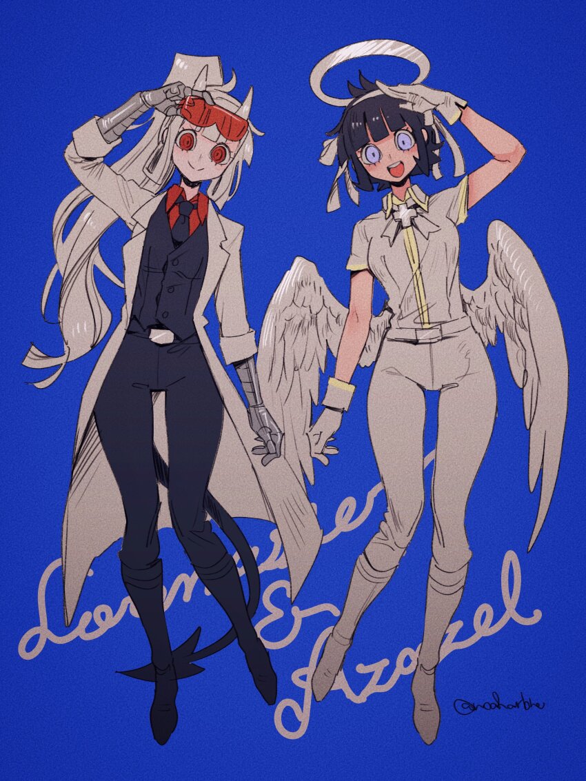 2girls :d absurdres angel angel_and_devil azazel_(helltaker) black_necktie black_pants blue_background blue_eyes demon_girl demon_tail dual_persona eyewear_on_head full_body gloves halo helltaker highres lab_coat long_hair looking_at_viewer loremaster_(helltaker) low_wings multiple_girls necktie noah_(tettsui-sole) open_mouth pants ponytail red_eyes red_shirt shirt short_sleeves smile spoilers sunglasses tail white_gloves white_halo white_pants white_shirt white_wings wings