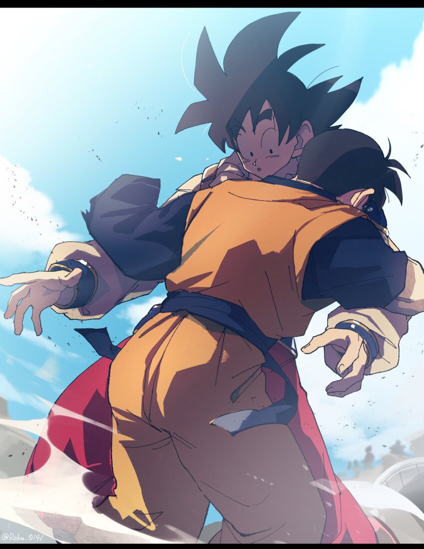 2boys amputee ass black_hair blue_sky cloud cloudy_sky dragon_ball dragonball_z father_and_son highres hug multiple_boys open_mouth roku_(roku_0141) sky son_gohan son_goku spiked_hair tears