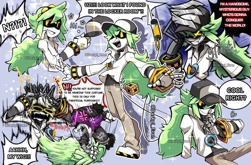1boy 1girl absurdres android anger_vein baseball_cap black_hat black_jacket black_undershirt claws cosplay crossover darkpi-evan english_text face_filter fur_trim green_hair grey_hair hat highres humanoid_robot jacket long_hair mechanical_arms mechanical_legs murder_drones n_(murder_drones) n_(pokemon) n_(pokemon)_(cosplay) name_connection nintendo pokemon pokemon_bw pokemon_bw2 pokemon_masters_ex purple_eyes purple_hair purple_socks robot screen short-sleeved_jacket short_hair short_sleeves smile socks speech_bubble tail two-tone_hat undershirt uzi_(murder_drones) void_cube white_hair wig wristband yellow_eyes
