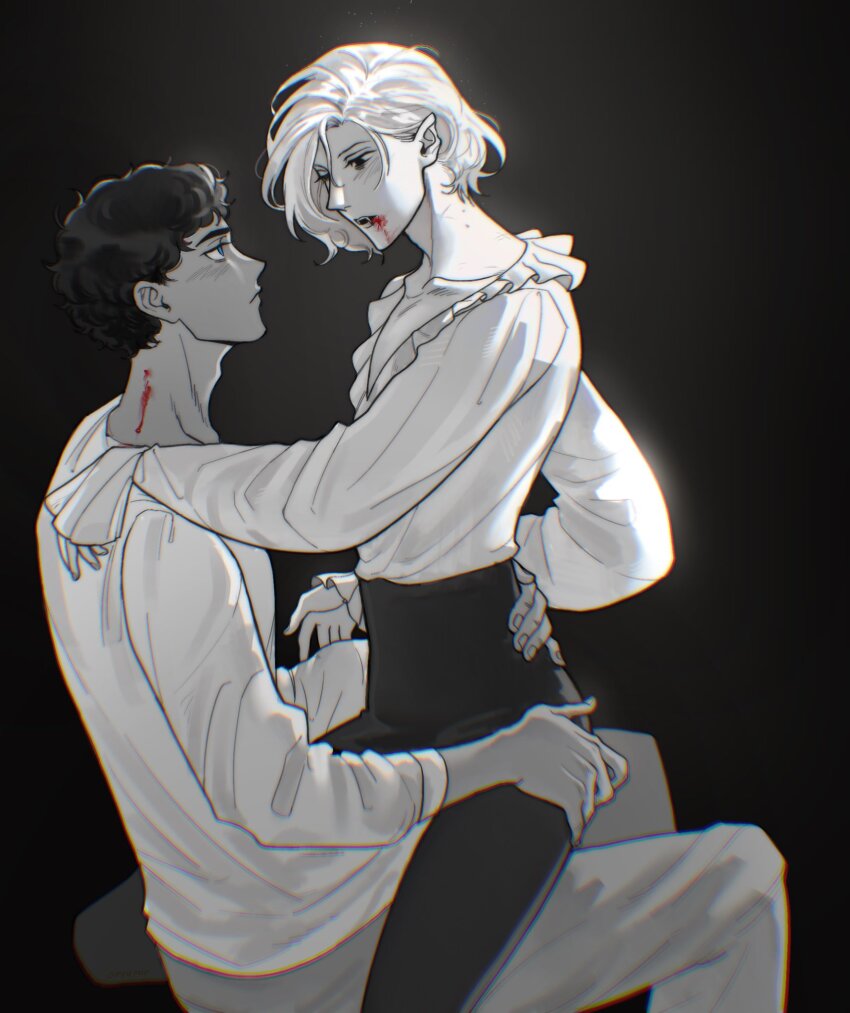 2boys bags_under_eyes black_background blood blood_on_face blue_eyes blush chromatic_aberration curly_hair dark-skinned_male dark_skin dungeon_meshi elf fangs fangs_out greyscale hand_on_another&#039;s_hip hand_on_another&#039;s_shoulder hand_on_another&#039;s_thigh highres injury kabru long_sleeves male_focus mithrun monochrome multiple_boys notched_ear omelepun pants pointy_ears shirt short_hair simple_background sitting spot_color straddling upright_straddle vampire vampire_bite yaoi