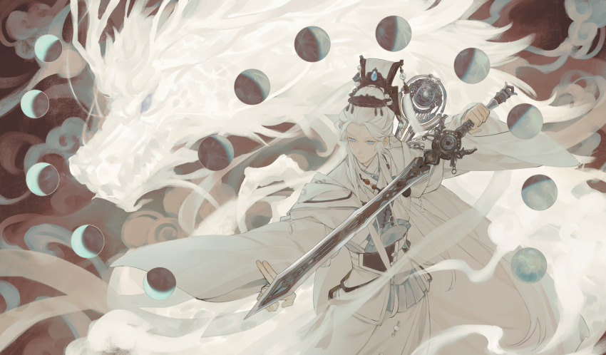 1boy animal beads belt blue_eyes blue_hair chinese_clothes chinese_commentary closed_mouth cowboy_shot dragon eastern_dragon floating floating_object hair_ornament hanfu hat highres holding holding_sword holding_weapon jewelry jian_(weapon) jinguang_budaixi left-handed liuhe_shanshi long_hair long_sleeves looking_at_viewer male_focus orb robe sash smoke solo standing sword very_long_hair weapon weapon_on_back white_hair white_hanfu white_robe wide_sleeves wuxia zhao_yi