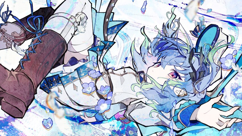 1girl blue_flower blue_hair boots brown_boots closed_mouth commentary_request dress expressionless falling flower full_body green_hair hat highres long_sleeves looking_at_viewer medium_hair multicolored_hair nanashi_inc. official_art pink_eyes solo soresaki suzumi_nemo suzumi_nemo_(3rd_costume) thighhighs two-tone_hair virtual_youtuber white_background white_dress white_hat white_thighhighs