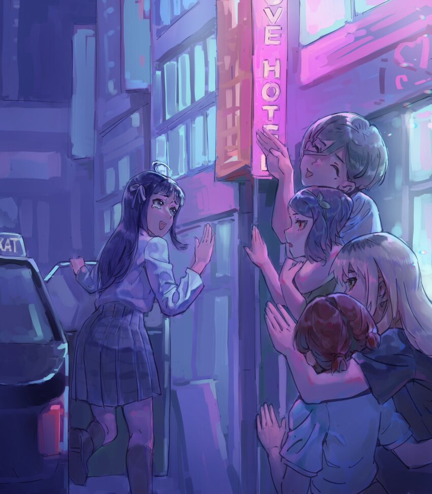 5girls ahoge awa_subaru black_hair black_shirt black_socks blue_shirt brown_eyes chinese_commentary closed_eyes commentary_request ebizuka_tomo girls_band_cry grey_eyes grey_hair grey_skirt hair_between_eyes hair_ribbon hairband highres iseri_nina jianpolandedou1 kawaragi_momoka kneehighs long_hair long_hair_between_eyes love_hotel low_twintails mole mole_under_eye multicolored_hair multiple_girls open_mouth plaid_clothes plaid_skirt pleated_skirt purple_eyes red_eyes red_hair ribbon roots_(hair) rupa_(girls_band_cry) shirt short_hair short_twintails sidelocks skirt socks taxi tearing_up teeth togenashi_togeari twintails upper_teeth_only waving white_ribbon white_shirt