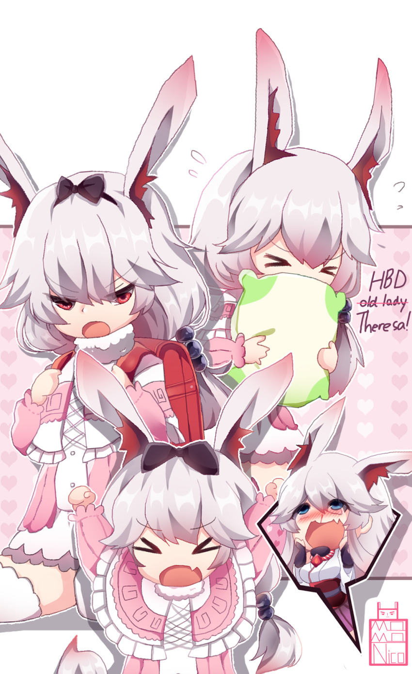 &gt;_&lt; 2girls :d animal_ears backpack bag benghuai_xueyuan blood blue_eyes blush cosplay crossover closed_eyes fang fox_ears hands_on_own_face highres honkai_(series) honkai_impact_3rd kanna_kamui kanna_kamui_(cosplay) kobayashi-san_chi_no_maidragon long_hair long_sleeves momoko_nico multiple_girls nosebleed hugging_object open_mouth pillow pillow_hug pink_eyes pink_hair smile speech_bubble theresa_apocalypse theresa_apocalypse_(sakuno_rondo) v-shaped_eyebrows yae_sakura yae_sakura_(gyakushinn_miko)