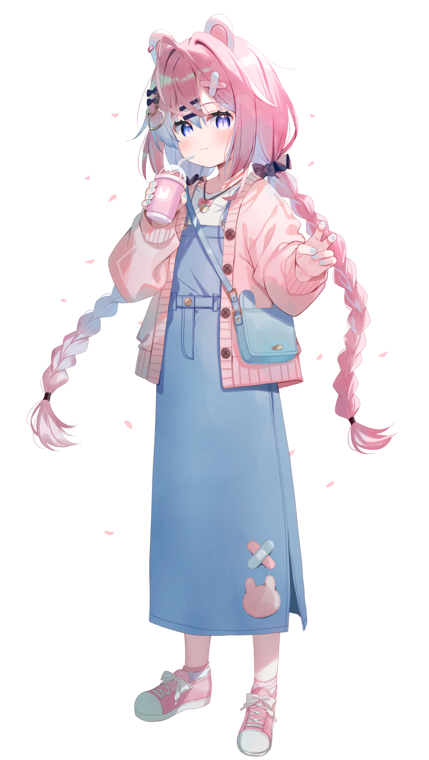 1girl absurdres animal_ears ankle_socks bandaid bandaid_hair_ornament bendy_straw black_bow blue_hair blue_nails bow braid commentary cup disposable_cup drinking_straw full_body gradient_hair hair_between_eyes hair_bow hair_intakes hair_ornament hairclip highres holding holding_cup indie_virtual_youtuber jacket long_hair long_sleeves looking_at_viewer low_twintails meito_(maze) mitsuki_shio multicolored_hair nail_polish open_clothes open_jacket overall_skirt pink_hair pink_jacket pink_shoes puffy_long_sleeves puffy_sleeves purple_eyes rabbit_ears rabbit_hair_ornament shirt shoes simple_background socks solo standing twin_braids twintails two-tone_hair very_long_hair virtual_youtuber white_background white_shirt white_socks x_hair_ornament