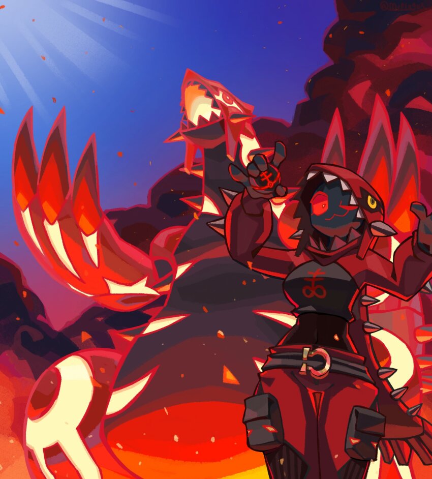 1girl :3 black_skin breasts claws cloud colored_skin cosplay crop_top dark_clouds embers gen_3_pokemon glowing groudon groudon_(cosplay) hands_up highres holding holding_poke_ball hood hood_up legendary_pokemon long_sleeves looking_at_viewer midriff mr_plagu3 navel nintendo nontraditional_poke_ball omega_symbol one_eye_closed open_mouth original outline pants poke_ball pokemon primal_groudon red_eyes red_outline red_pants sharp_teeth smile spiked_sleeves spikes sunlight teeth volcanic_ash
