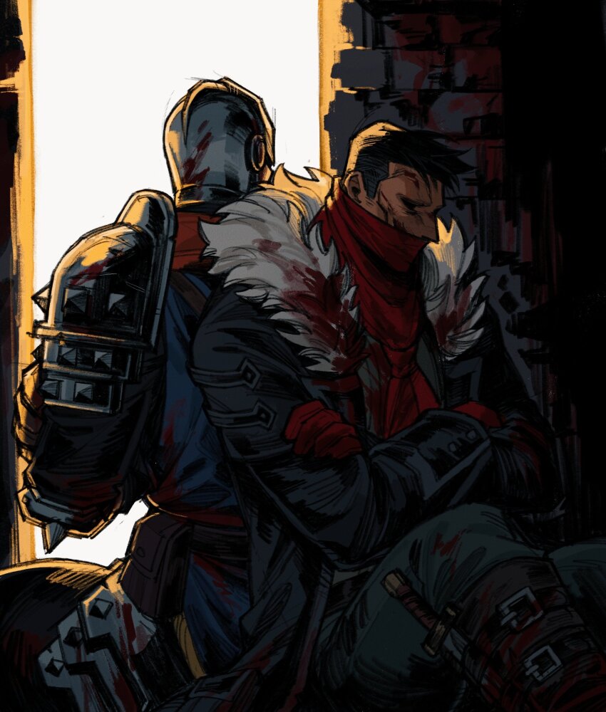 2boys armor back-to-back belt belt_buckle black_belt black_hair black_jacket blood blood_on_clothes blood_on_wall blue_pants blue_tabard boots buckle covered_mouth crossed_arms crusader_(darkest_dungeon) dagger darkest_dungeon emiya_izumi feet_out_of_frame fur-trimmed_jacket fur_trim gloves helmet highres highwayman_(darkest_dungeon) jacket knife leg_belt male_focus multiple_boys pants pauldrons red_gloves red_scarf scarf short_sideburns shoulder_armor sitting sleeve_cuffs spiked_armor tabard weapon white_fur