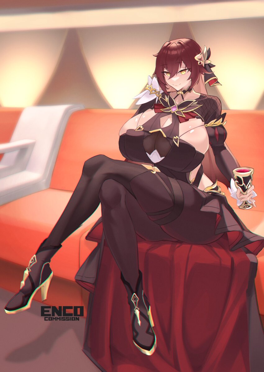 1girl alcohol alternate_breast_size boots breasts brown_dress brown_hair brown_pantyhose chalice cleavage cleavage_cutout closed_mouth clothing_cutout commentary commission couch crossed_legs cup dress eden_(honkai_impact) enc_ods english_commentary full_body hair_ornament high_heel_boots high_heels highres holding holding_cup honkai_(series) honkai_impact_3rd huge_breasts pantyhose sitting smile solo wine yellow_eyes