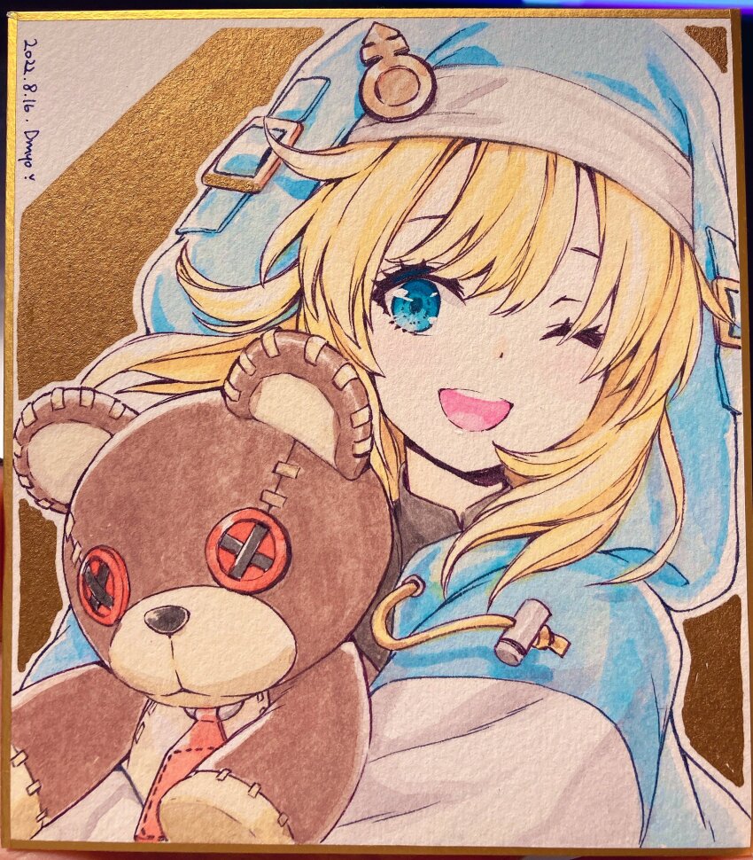 1boy androgyne_symbol aqua_eyes blonde_hair blue_eyes bridget_(guilty_gear) guilty_gear guilty_gear_strive habit highres hood hood_up hooded_jacket hoodie jacket long_sleeves looking_at_viewer male_focus medium_hair one_eye_closed open_clothes open_hoodie open_mouth puffy_long_sleeves puffy_sleeves roger_(guilty_gear) shirahane_nao stuffed_animal stuffed_toy teddy_bear traditional_media trap