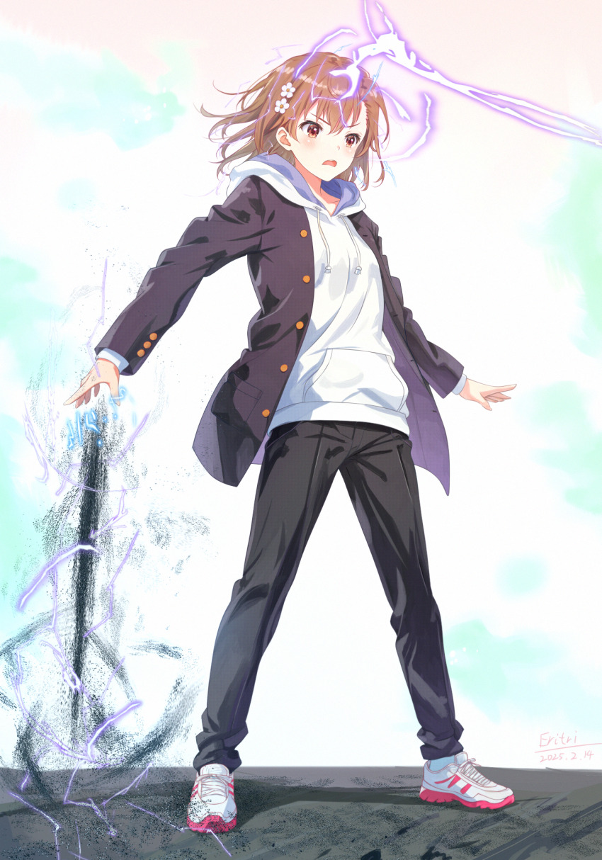 1girl a_certain_high_school_uniform alternate_costume black_jacket black_pants borrowed_clothes brown_eyes brown_hair cosplay crossdressing crossdressing_(ftm) electricity electrokinesis eritri full_body gakuran hair_ornament hairpin highres hood hoodie jacket jacket_over_hoodie kamijou_touma kamijou_touma_(cosplay) long_sleeves magnetism medium_hair metal_sand misaka_mikoto open_clothes open_jacket open_mouth pants revision school_uniform shoes simple_background sneakers solo standing toaru_majutsu_no_index toaru_majutsu_no_index:_new_testament variant_set white_background white_hoodie white_shoes