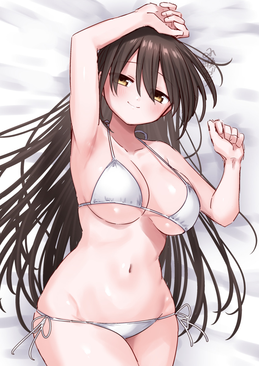1girl arm_up armpits bikini breasts brown_hair closed_mouth commentary_request cowboy_shot highres large_breasts long_hair looking_at_viewer lying navel on_back original side-tie_bikini_bottom smile solo swimsuit white_bikini yellow_eyes zeroasann