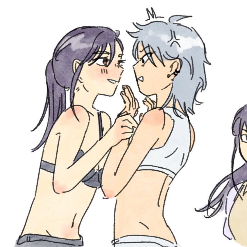 2girls alien_stage anger_vein bikini black_bikini black_eyes black_hair commentary ear_piercing earrings genderswap genderswap_(mtf) holding_another&#039;s_wrists ivan_(alien_stage) jewelry long_hair medium_hair motii multiple_girls piercing ponytail red_pupils smile swimsuit till_(alien_stage) white_bikini