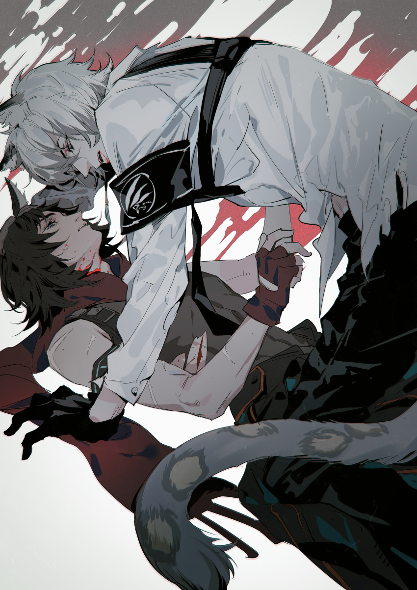 2boys absurdres animal_ears arknights arm_support armband black_pants black_shirt blood blood_from_mouth blood_on_face blue_eyes brown_hair chinese_commentary commentary_request courier_(arknights) courier_(elite_ii)_(arknights) deer_ears fangs fingerless_gloves from_side gloves highres kneeling leopard_boy leopard_ears leopard_tail long_sleeves looking_at_another lying multiple_boys on_back pants red_gloves red_scarf scar scar_on_arm scarf shirt short_hair silver_hair silverash_(arknights) silverash_(elite_ii)_(arknights) sleeveless sleeveless_shirt tail white_shirt xiandao1213 yaoi