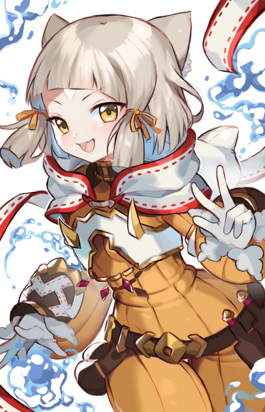 animal_ears bodysuit cat_ears cat_girl cowboy_shot grey_hair highres medium_hair nia_(xenoblade) orange_bodysuit simple_background suuuuica w water white_background xenoblade_chronicles_(series) xenoblade_chronicles_2 yellow_eyes