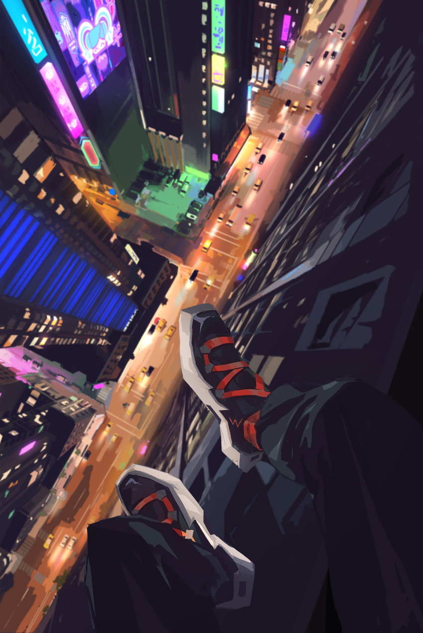 1boy absurdres black_pants black_shoes car city commentary english_commentary highres motor_vehicle official_art pants pov promotional_art scenery shoes snatti sneakers solo sweatpants valorant yoru_(valorant)