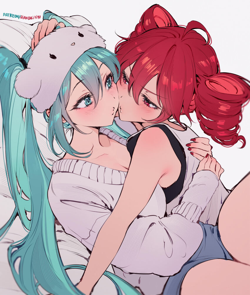 2girls absurdres bare_arms bare_shoulders blue_eyes blue_hair blue_shorts blush drill_hair hair_between_eyes hand_on_another&#039;s_head hatsune_miku highres hug imminent_kiss kasane_teto long_hair looking_at_another multiple_girls qiandaiyiyu red_eyes red_hair red_nails short_shorts shorts sidelocks sweater tank_top twin_drills twintails utau vocaloid white_sweater white_tank_top yuri