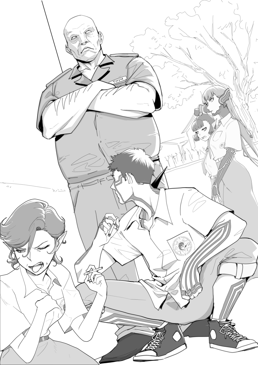 2girls 3boys absurdres aghoby alternate_costume amanozako_(megami_tensei) cigarette crossdressing demi-fiend disgust frown full-body_tattoo greyscale highres holding holding_cigarette in-franchise_crossover indonesian_high_school_uniform long_hair monochrome multiple_boys multiple_girls name_tag pixie_(megami_tensei) pointy_ears protagonist_(smtv) school_uniform shin_megami_tensei shin_megami_tensei_iii:_nocturne shin_megami_tensei_v short_hair sideless_bangs slav_squatting squatting tattoo very_long_hair yhvh yhvh_(megami_tensei)