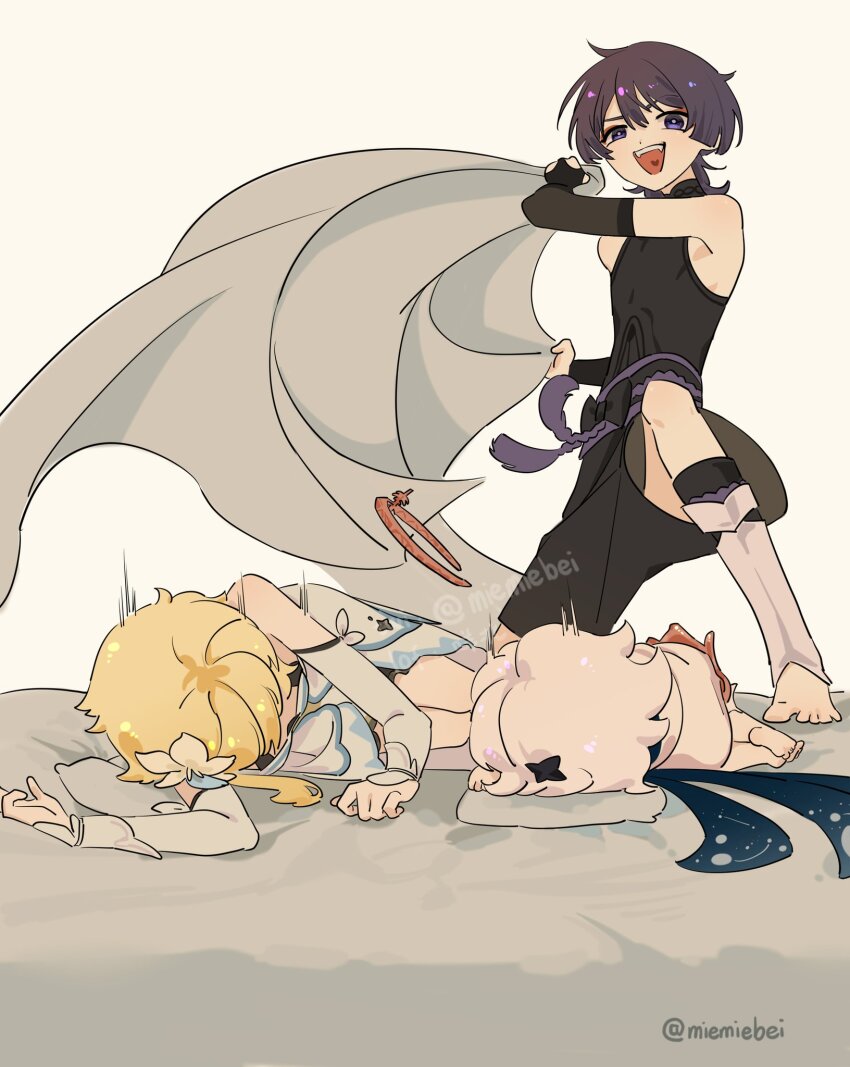 1boy 2girls armor barefoot belt black_belt black_bodysuit black_bow black_bridal_gauntlets black_hair black_leggings black_scarf blanket blonde_hair blue_trim blunt_ends bodysuit bow breasts bridal_gauntlets bright_pupils cleavage detached_sleeves diamond_hair_ornament dress eyeliner eyeshadow flat_chest flower genshin_impact hair_flower hair_ornament halterneck heart highres holding holding_blanket japanese_armor kote kurokote leg_warmers leggings lumine_(genshin_impact) lying makeup mandarin_collar miemiebei multiple_girls on_one_knee on_side open_mouth paimon_(genshin_impact) purple_eyes purple_rope purple_sash raised_eyebrow red_eyeliner red_eyeshadow rope sash scaramouche_(genshin_impact) scarf short_hair teeth toenails twitter_username uneven_eyes upper_teeth_only vambraces wanderer_(genshin_impact) white_background white_dress white_flower white_hair white_leg_warmers white_pupils white_romper white_sleeves
