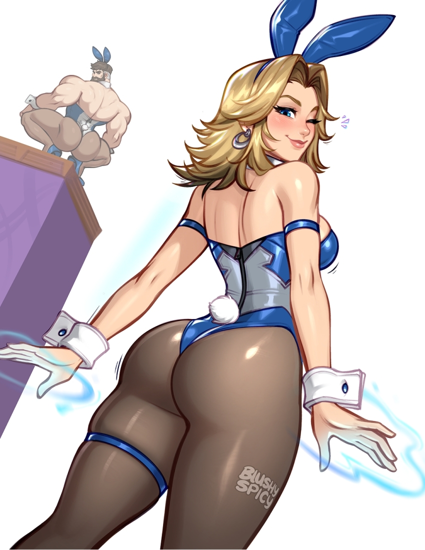 1boy 1girl ass ass_focus beard blonde_hair blue_eyes blushyspicy breasts broly_culo_(meme) brown_hair earrings facial_hair fantastic_four highres husband_and_wife jewelry leotard long_hair looking_at_viewer marvel marvel_rivals meme muscular one_eye_closed playboy_bunny reed_richards short_hair smile sue_storm superhero_costume