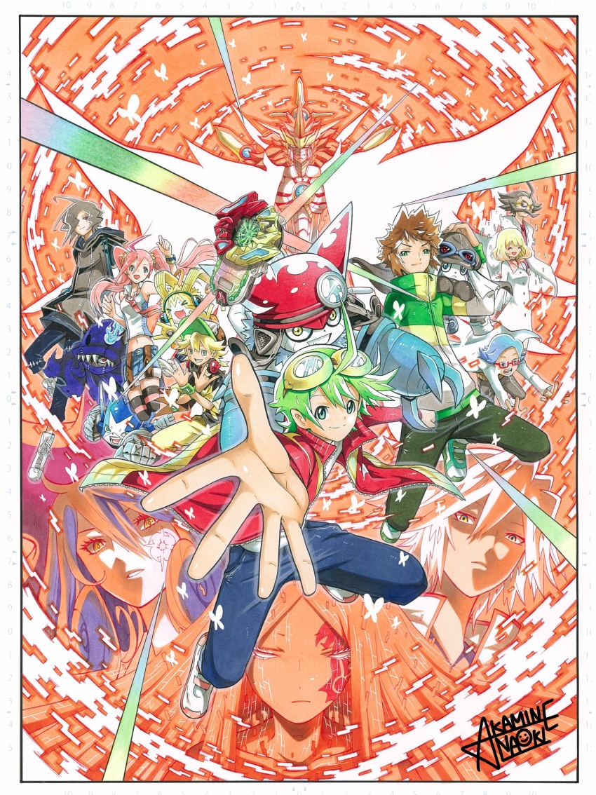 3girls 6+boys absurdres appmon asuka_torajirou digimon digimon_universe:_appli_monsters dokamon gaiamon_(appmon) gatchmon goggles goggles_on_head green_hair hackmon_(appmon) happy hat highres karan_eri kashiki_ai katsura_rei leviathan_(digimon) looking_at_viewer multiple_boys multiple_girls musimon official_art offmon ozora_yujin pink_hair shinkai_denemon shinkai_haru smile twintails unryuji_knight warudamon wato_takeru