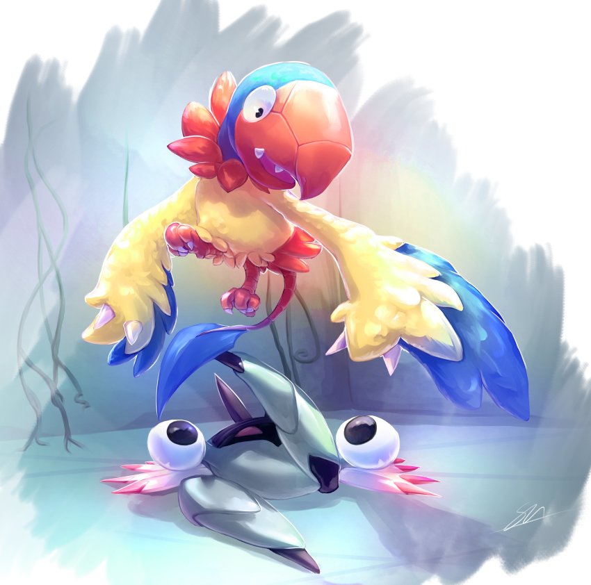 absurdres anorith archen black_eyes commentary english_commentary eye_contact fangs gen_3_pokemon gen_5_pokemon highres likey looking_at_another nintendo no_humans open_mouth pokemon pokemon_(creature) poking talons