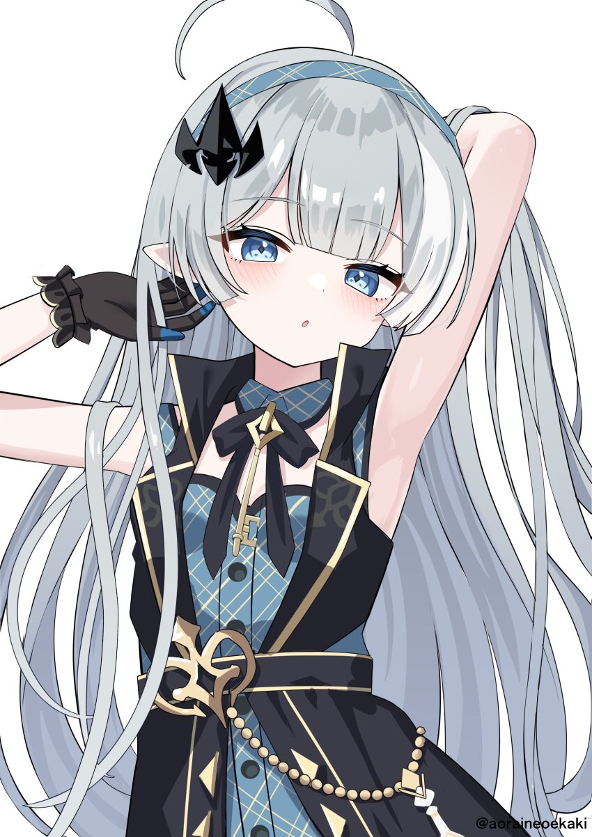 :o absurdres aoraine armpits blue_eyes female_tyrant_(stella_sora) hair_ornament hands_up highres long_hair open_mouth simple_background stella_sora tyrant_(stella_sora) very_long_hair white_background