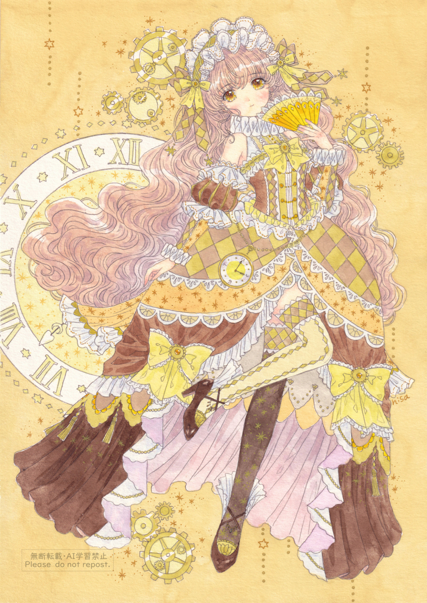1girl analog_clock asymmetrical_legwear bare_shoulders bow brown_eyes brown_hair classic_lolita clock clock_print collared_dress detached_sleeves dress fairy frilled_dress frilled_hairband frilled_sleeves frilled_socks frills gears hairband hand_fan highres hisakata_(hisa_nn) holding holding_fan lace lace-trimmed_dress lace_trim lolita_fashion long_hair looking_at_viewer off-shoulder_dress off_shoulder original personification pocket_watch ribbon roman_numeral sleeveless sleeveless_dress socks watch yellow_background yellow_dress